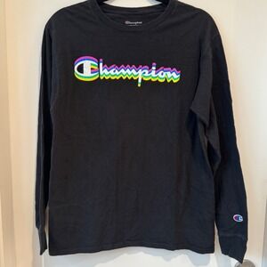 Champion Women's Med Black Long Sleeve T Shirt Multicolor Logo Streetwear